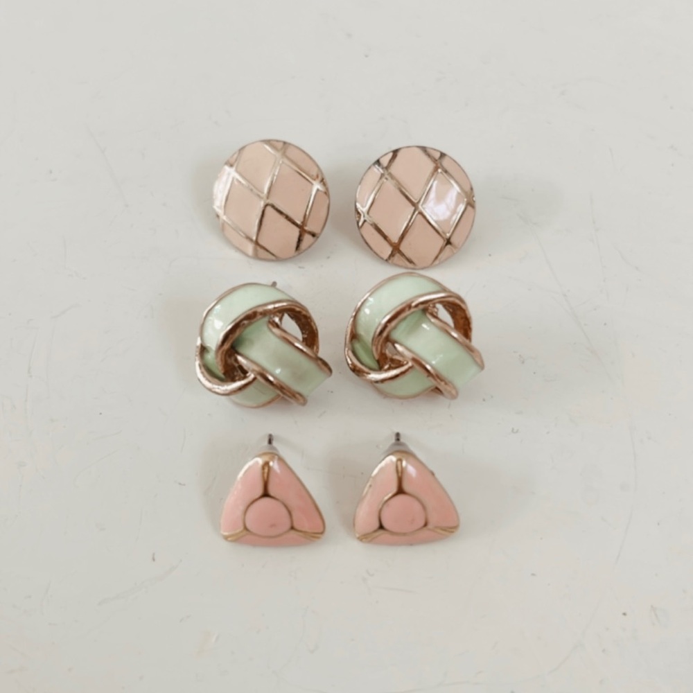 Vintage Enamel Gold Statement Earrings Knot Braided Geometric Stud Pink Green